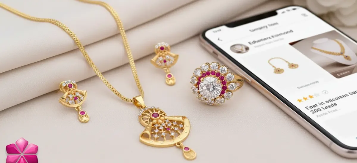Artificial American diamond jewellery online shopping guide featuring a premium necklace set, earrings, and ring in a luxury eCommerce display