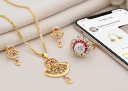 Artificial American diamond jewellery online shopping guide featuring a premium necklace set, earrings, and ring in a luxury eCommerce display