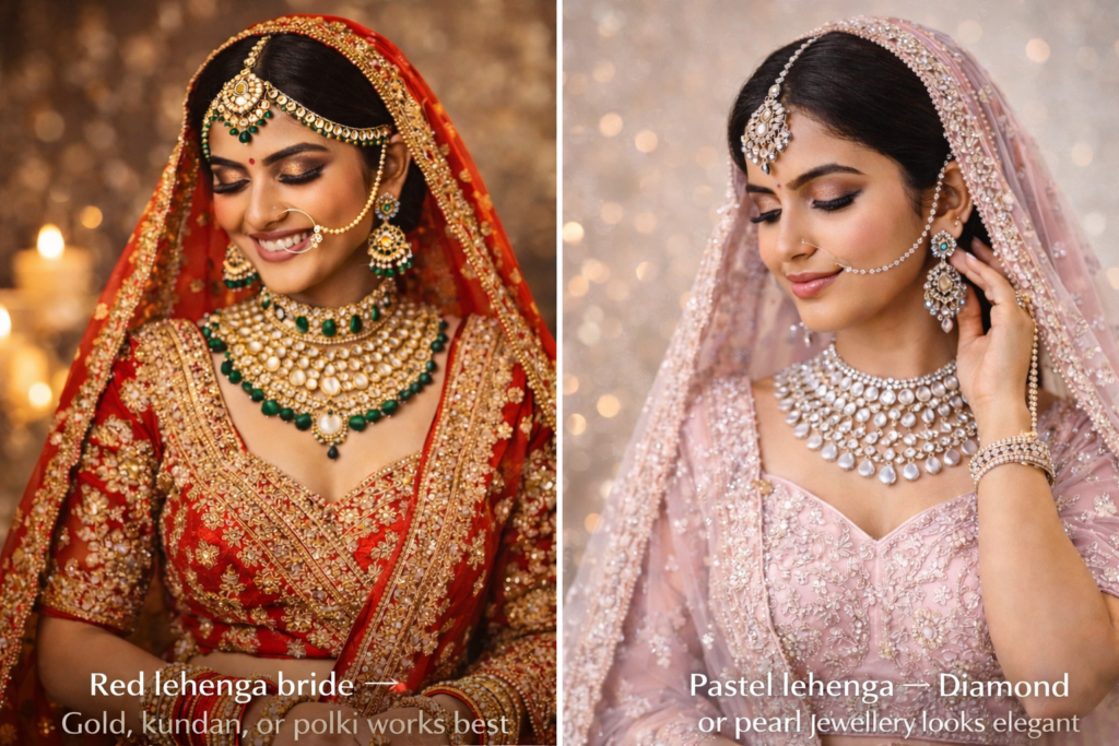 How to choose the perfect bridal artificial jewellery set for red vs pastel lehenga bride with gold, kundan, polki, and diamond jewellery styling