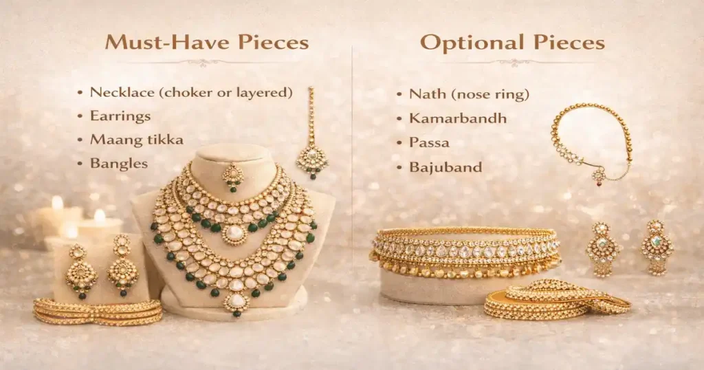 How to choose the perfect bridal artificial jewellery set with traditional Indian bridal jewellery showcase including necklace, earrings, maang tikka, and bangles